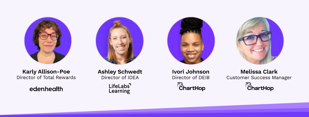 Karly Allison-Poe (Director of Total Rewards), Eden Health | Ashley Schwedt (Director of IDEA), LifeLabs Learning | Ivori Johnson (Director of DEIB), ChartHop | Melissa Clark (Customer Success Manager), ChartHop